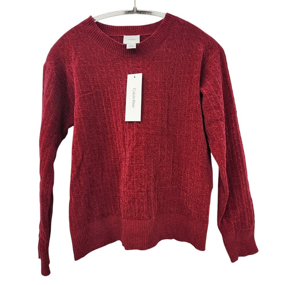 New NWT Calvin Klein Red Soft Crewneck Sweater Small Crushed Velvet Cable Knit